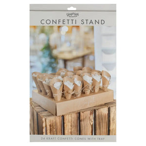 Rustic Romance Wedding Confetti Cone Holder Stand with Confetti & 24 kraft cones