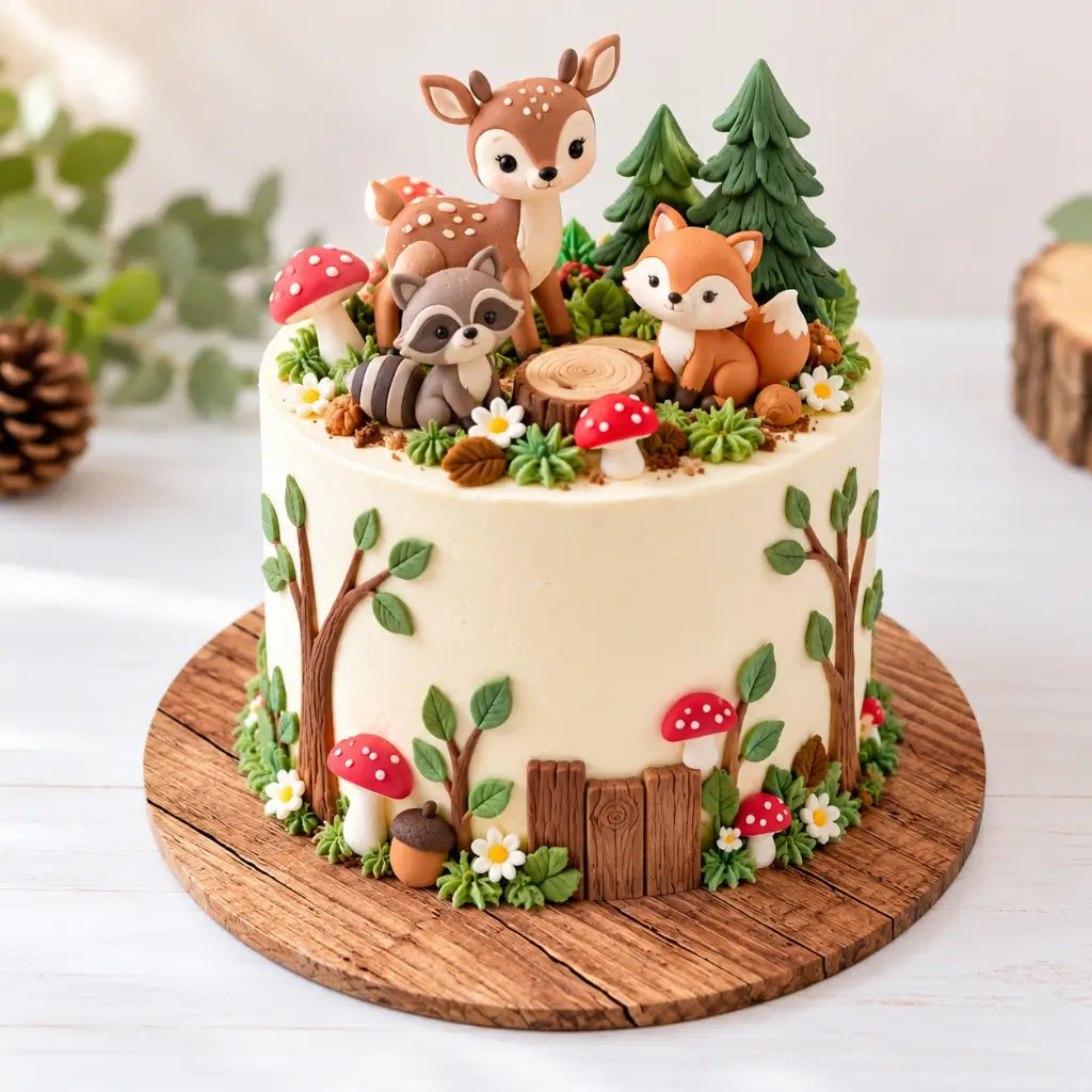 Woodland birthday cake with forest animal decorations displayed on a rustic wood effect cake board
