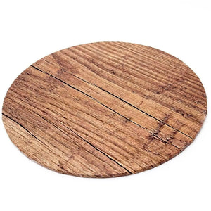 Close-up of the natural brown woodgrain and rustic timber-plank design on a round cake board