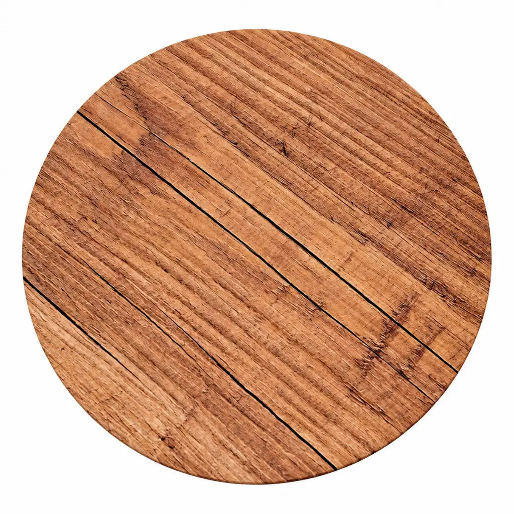 Rustic wood effect round cake board measuring 10 inches with realistic brown timber-plank print