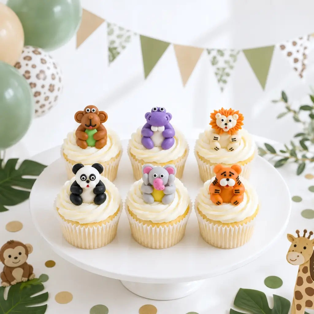 Safari Jungle Animal Full Body Sugar Decorations 6 Pack featuring monkey, hippo, lion, panda, elephant and tiger edible cake toppers