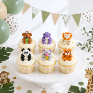 Safari Jungle Animal Full Body Sugar Decorations 6 Pack featuring monkey, hippo, lion, panda, elephant and tiger edible cake toppers