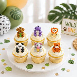 Safari Jungle Animal Full Body Sugar Decorations 6 Pack featuring monkey, hippo, lion, panda, elephant and tiger edible cake toppers