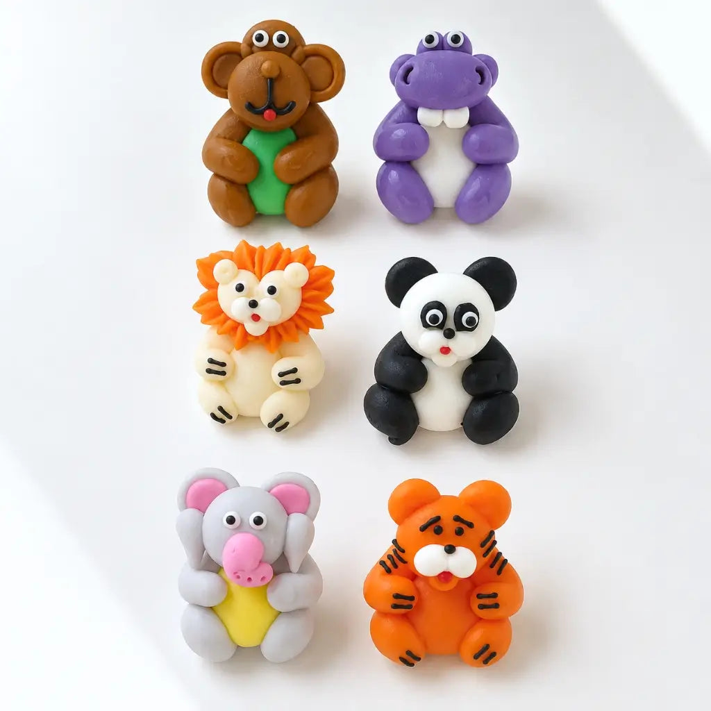 Safari Jungle Animal Full Body Sugar Decorations 6 Pack featuring monkey, hippo, lion, panda, elephant and tiger edible cake toppers