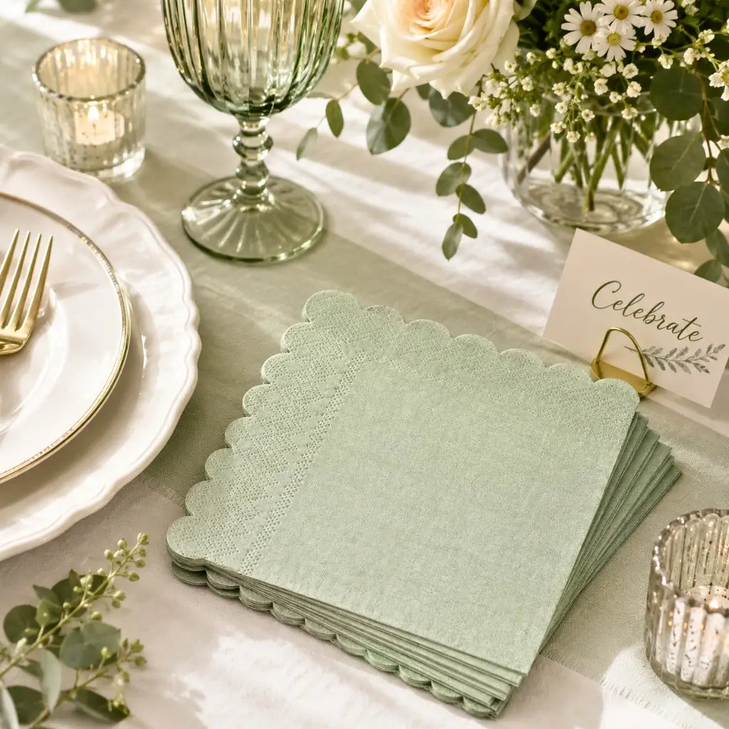 Sage green scalloped edge paper luncheon napkins pack of 10
