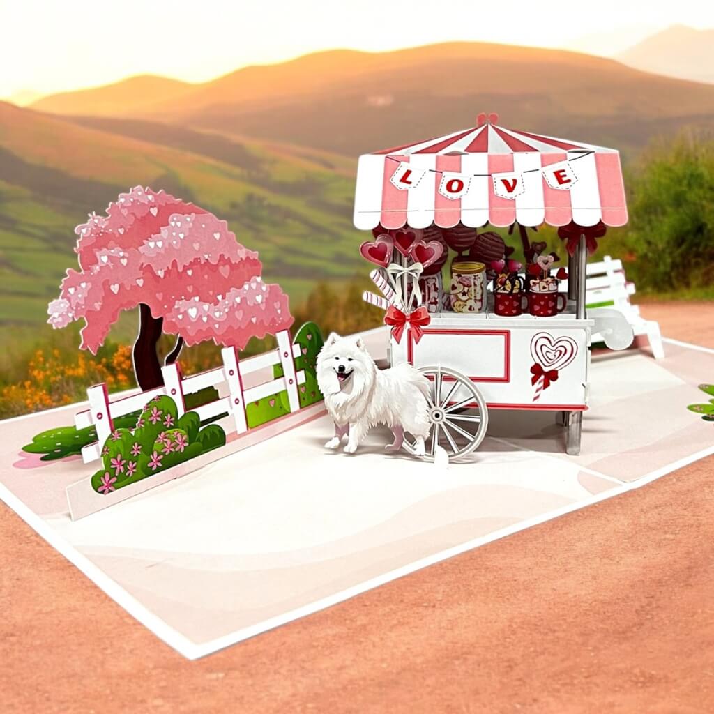 Samoyed Dog w/ Love Lollipop Cart 3D Origami Card