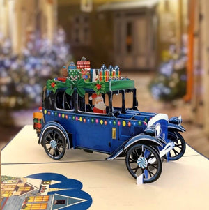 Online Party Supplies Australia Santa Driving Vintage Blue Car with Xmas Presents 3D Pop Up Greeting Card for dad