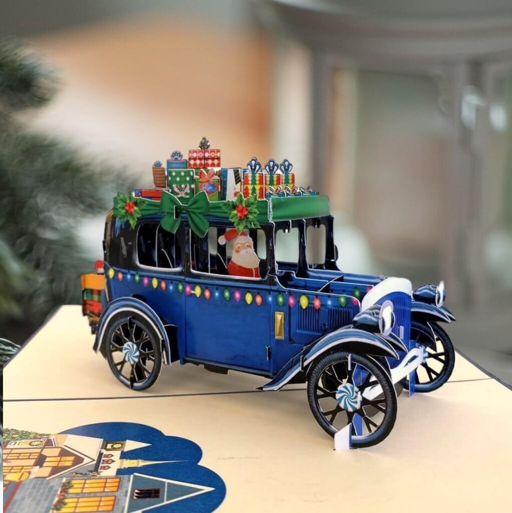 Online Party Supplies Australia Santa Driving Vintage Blue Car with Xmas Presents 3D Pop Up Greeting Card for him