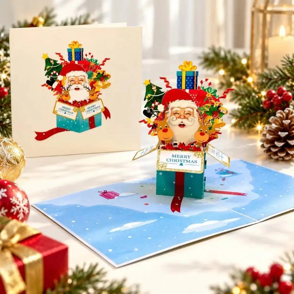 3D Christmas greeting card featuring Santa Claus and two reindeer inside a festive gift box