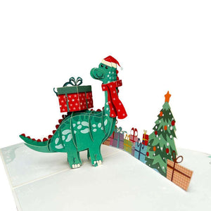 Green Baby Dinosaur with Christmas Present Pop Card