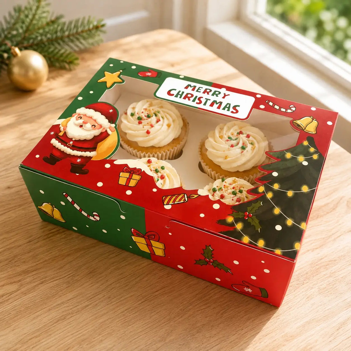 santa Merry Christmas six-cupcake box with clear window and insert