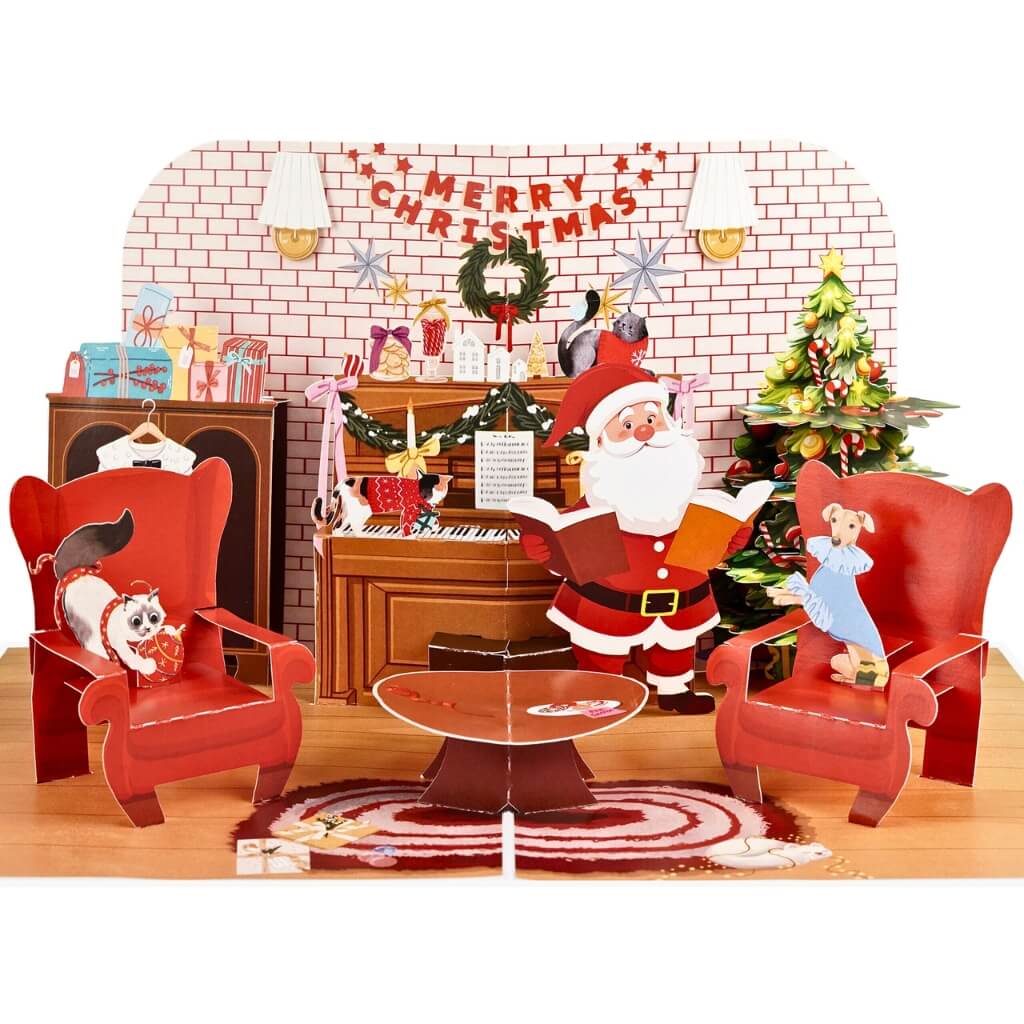 Singing Santa Merry Christmas Medley with His Best Friends – Dog &amp; Cat 3D Pop-Up Greeting Card