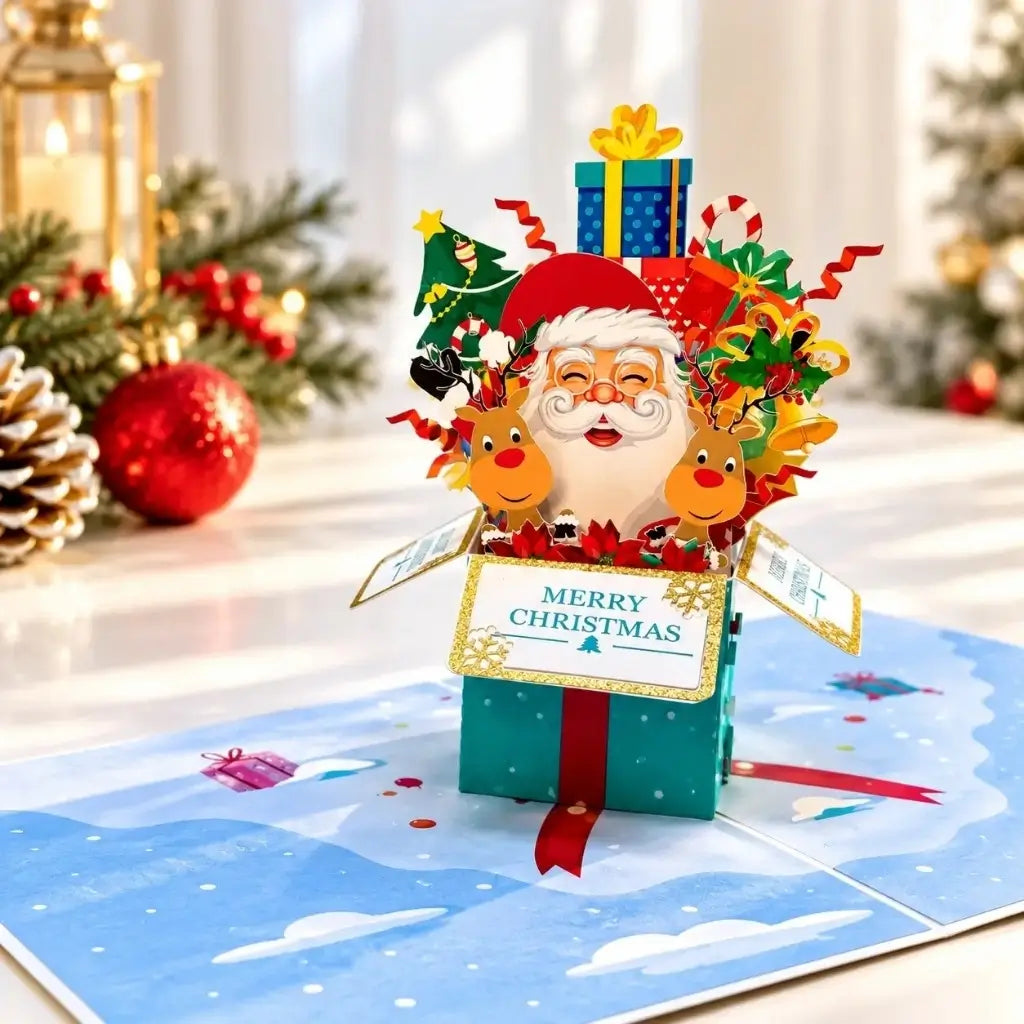 Santa and reindeer Christmas gift box 3D pop-up greeting card with colourful festive decorations