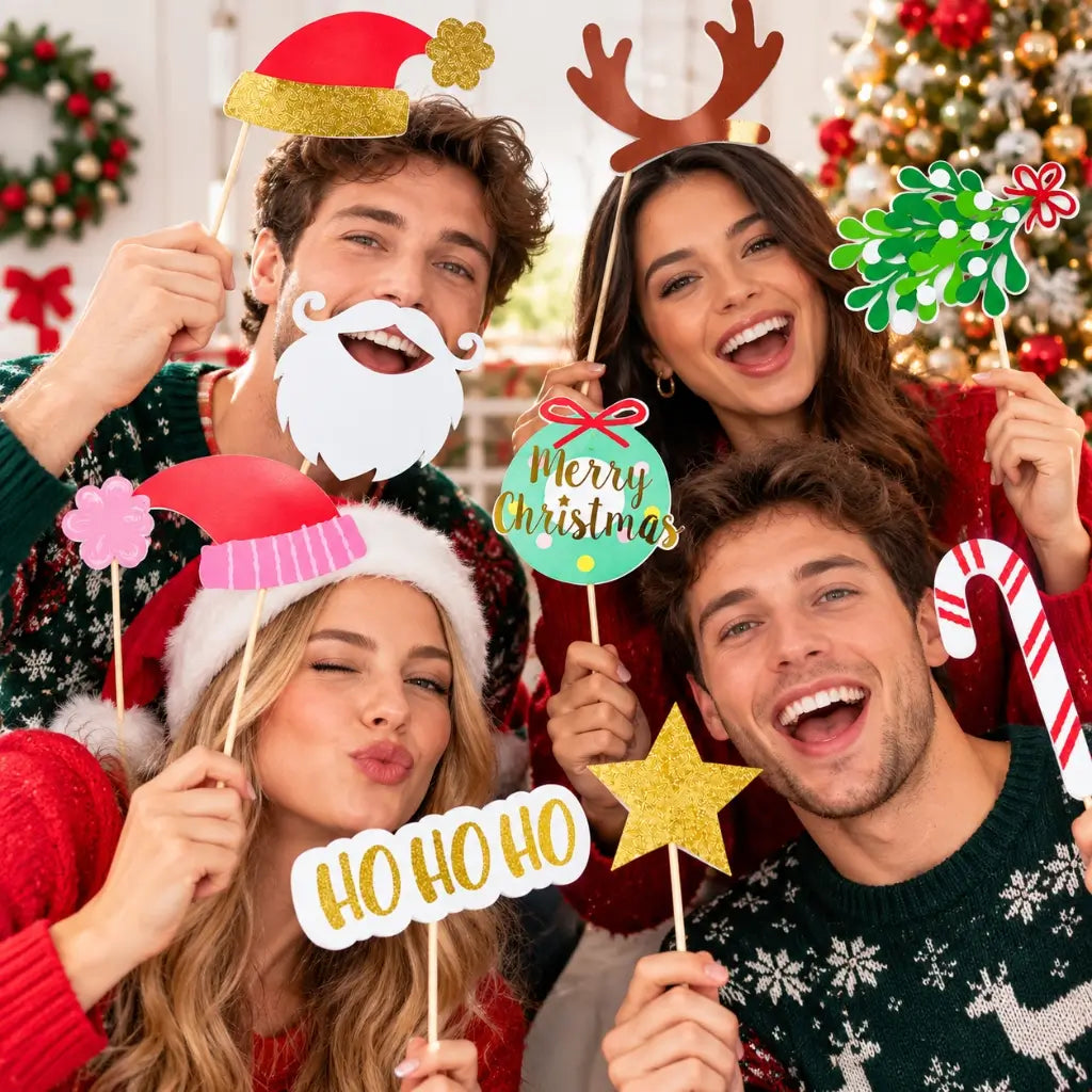 Twelve Christmas photo props featuring Santa hats and reindeer antlers