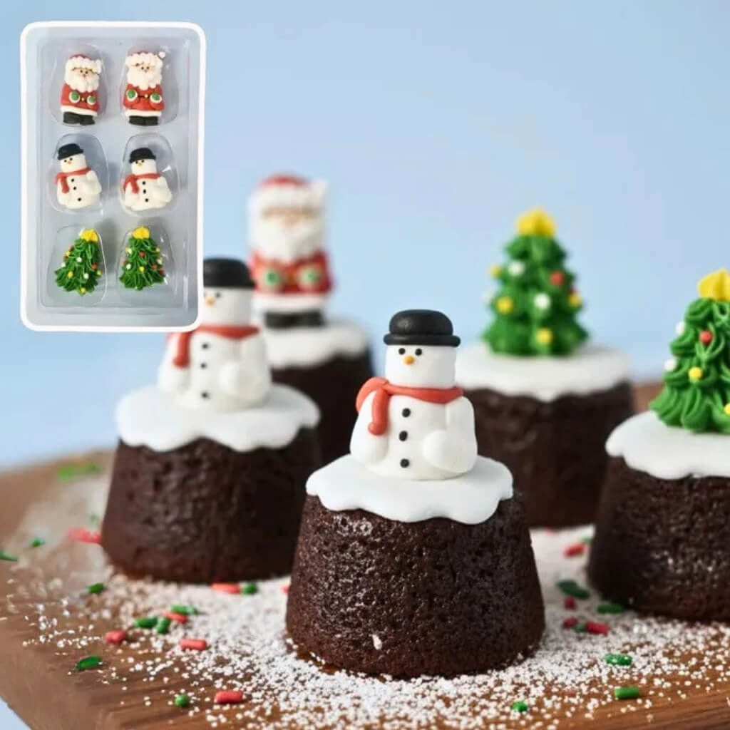 Six-piece Christmas edible sugar cake toppers with festive holiday designs.
