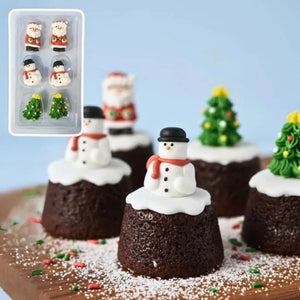 Six-piece Christmas edible sugar cake toppers with festive holiday designs.
