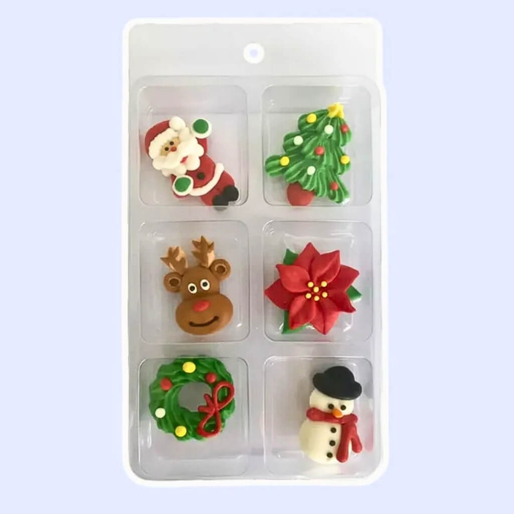 Six-piece Christmas edible sugar cake toppers for festive cakes and cupcakes.