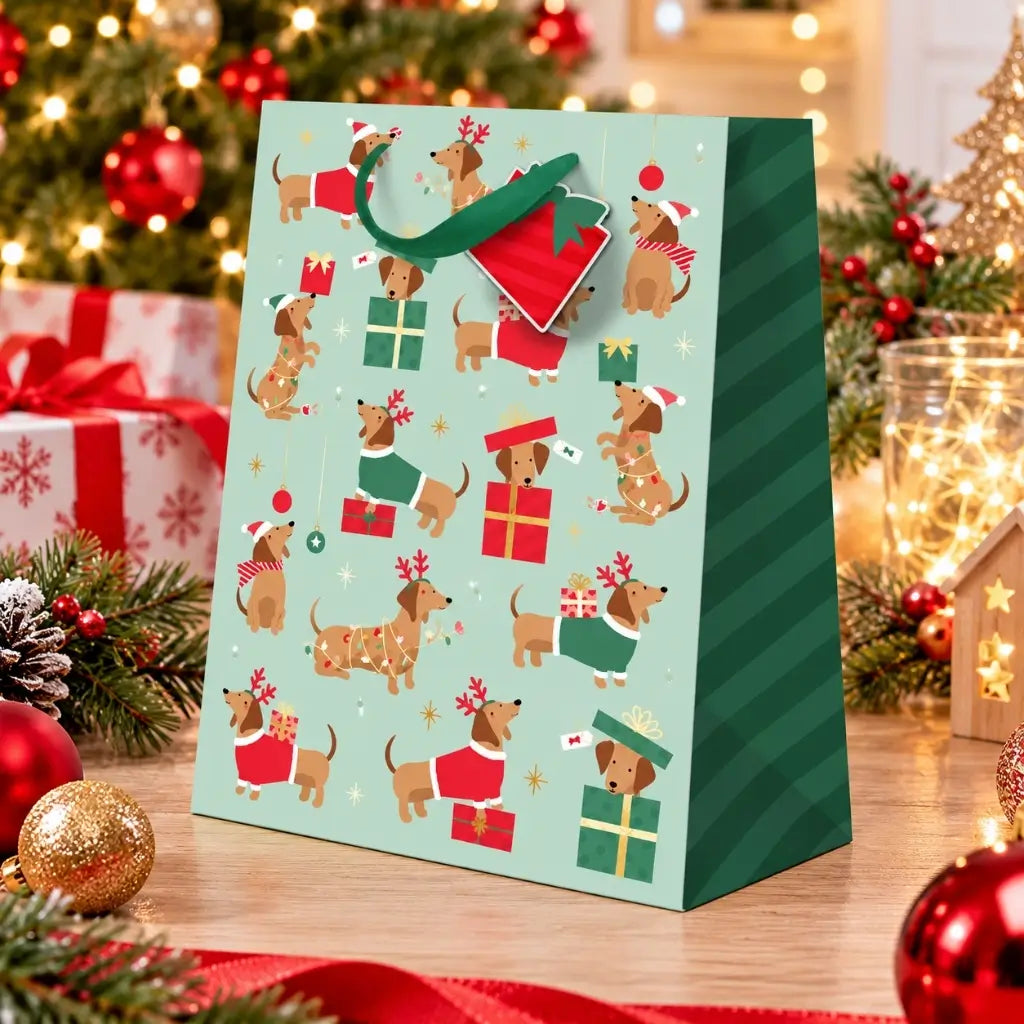 Medium Christmas gift bag featuring festive dachshund dogs