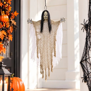 Scary girl decoration wearing ragged white fabric and mesh robes