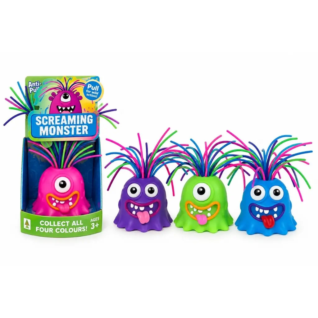 Assorted screaming monster sound toys with colourful flexible hair