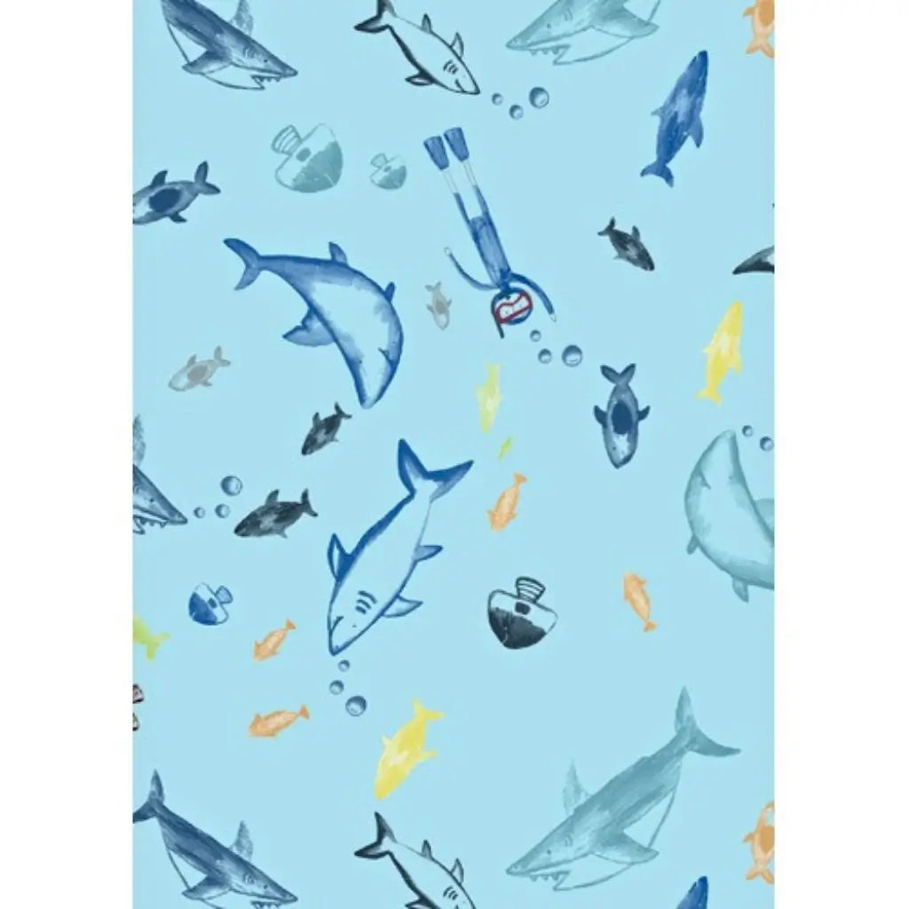 Scuba Boy folded gift wrapping paper with sharks and sea creatures
