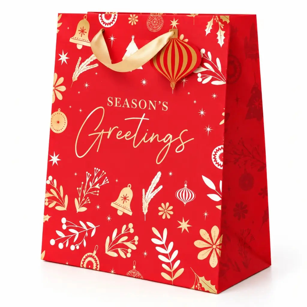 Red and gold formal Christmas gift bag with festive icons