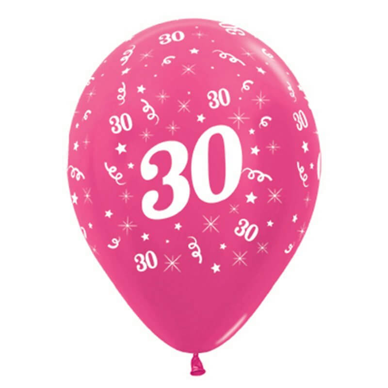 Sempertex 30cm Age 30 Metallic Fuchsia Latex Balloons 6 Pack