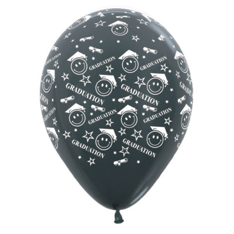 Graduation Smiley Faces Metallic Graphite Latex Balloons 30cm 6 Pack