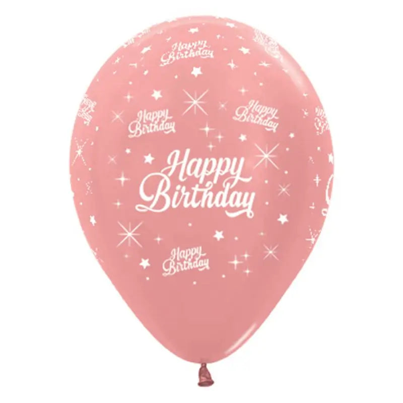 Metallic Rose Gold Happy Birthday Twinkling Star Latex Balloons 30cm 6pk