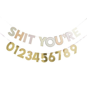Sh*t You’re Old customisable milestone birthday banner with number cards, 2m long