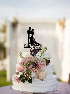 Silhouette Couple Holding Flower Bouquet Mr & Mrs Cake Topper