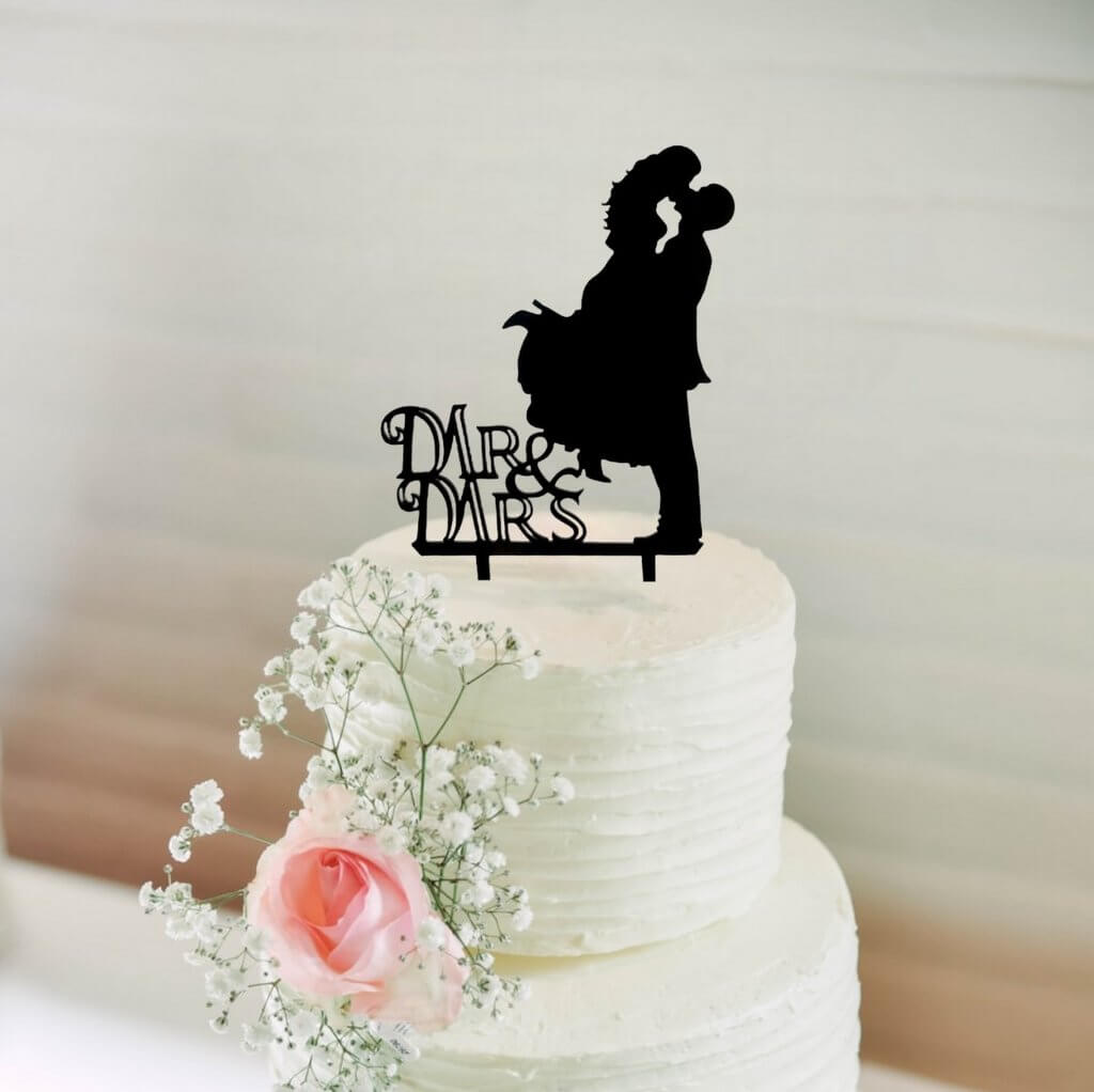 Silhouette Mr & Mrs Wedding Couple Kissing Cake Topper for engagement, bridal shower, hens party cake decorations