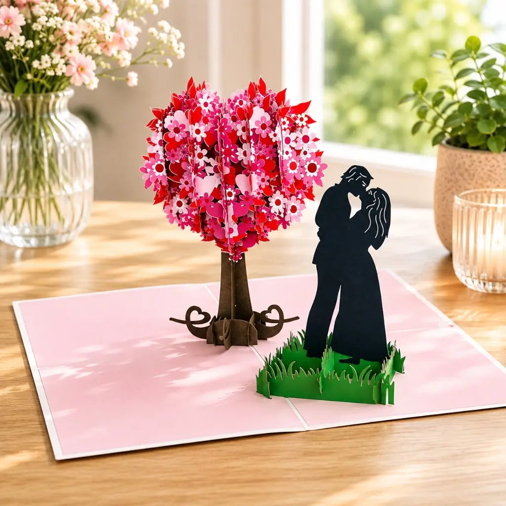 Silhouette Couple Kissing Near Pink Heart Tree 3D Pop Up Valentine's Day Card