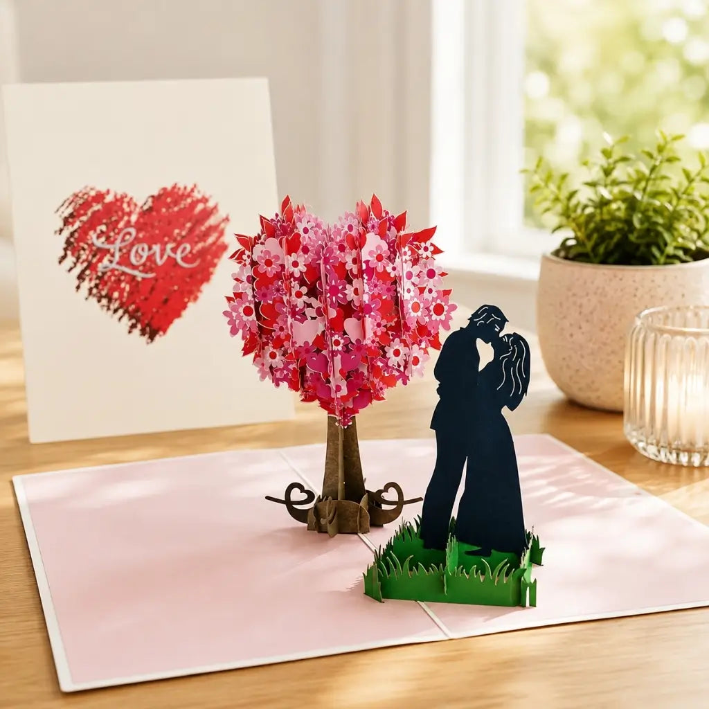 Silhouette Couple Kissing Near Pink Heart Tree 3D Pop Up Valentine's Day Card