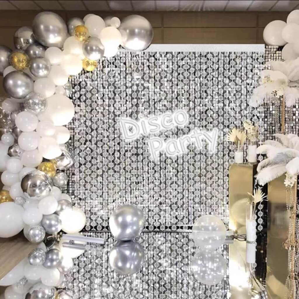 Silver Disco Ball Foil Curtain party backdrop