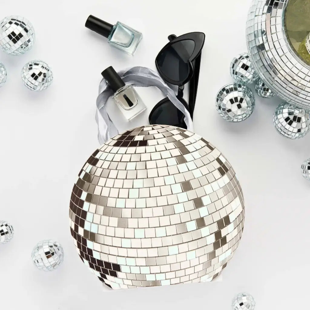 Pack of 5 silver disco ball party bags with ribbon handles for retro dance parties