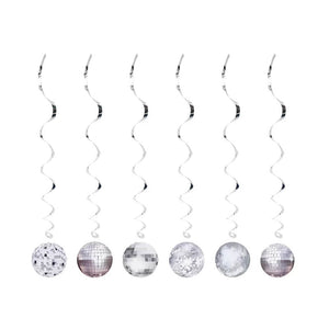 Pack of 6 Silver Diso Ball Spiral Swirls hanging decorations