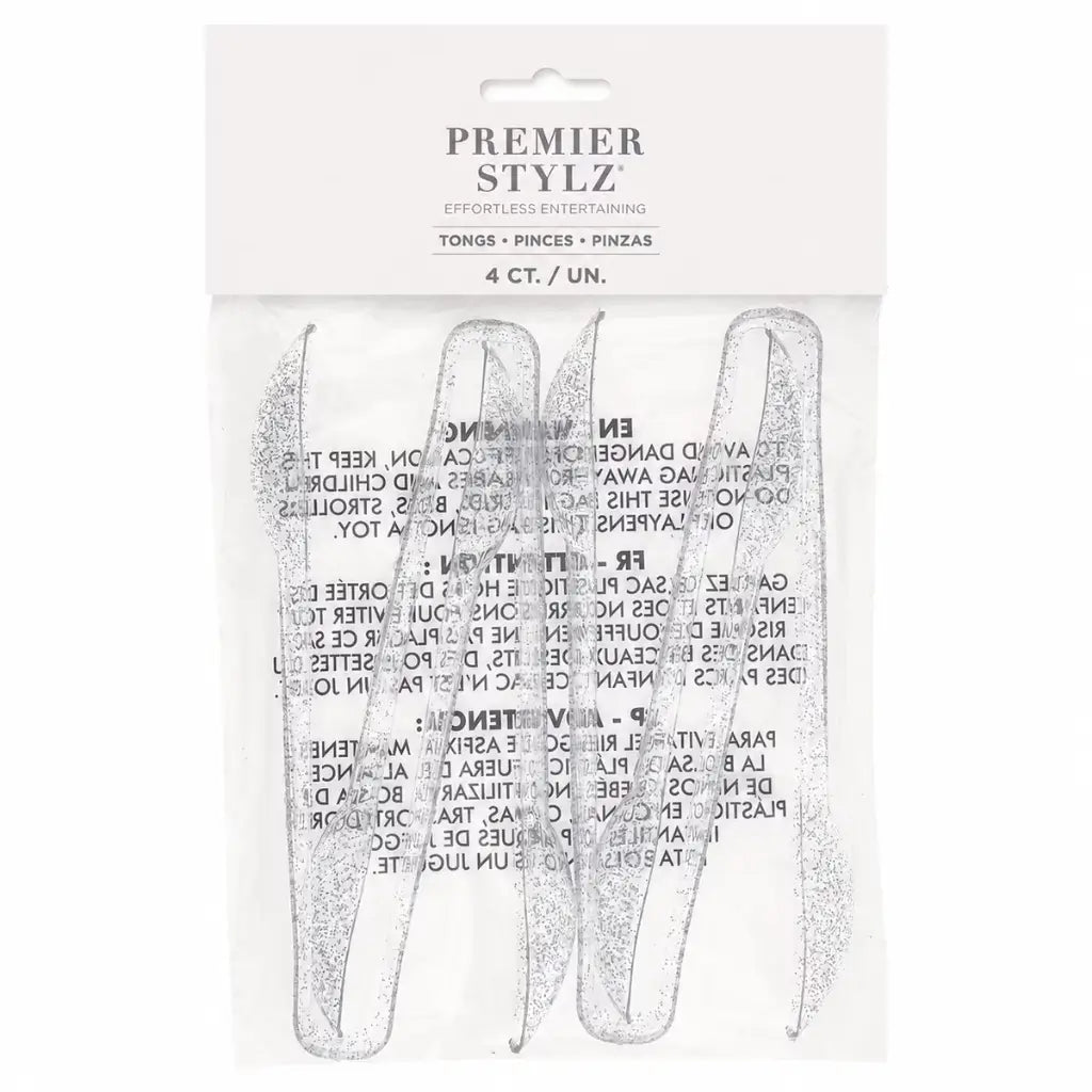 Silver glitter reusable plastic serving tongs pack of four.