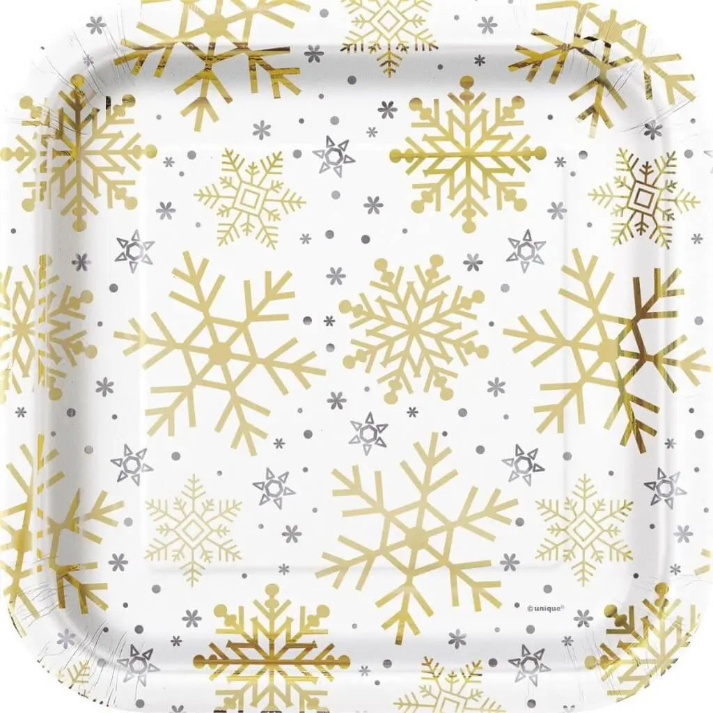 Silver and gold snowflake square paper plates 8 pack