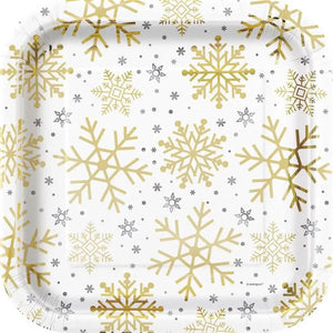 Silver and gold snowflake square paper plates 8 pack