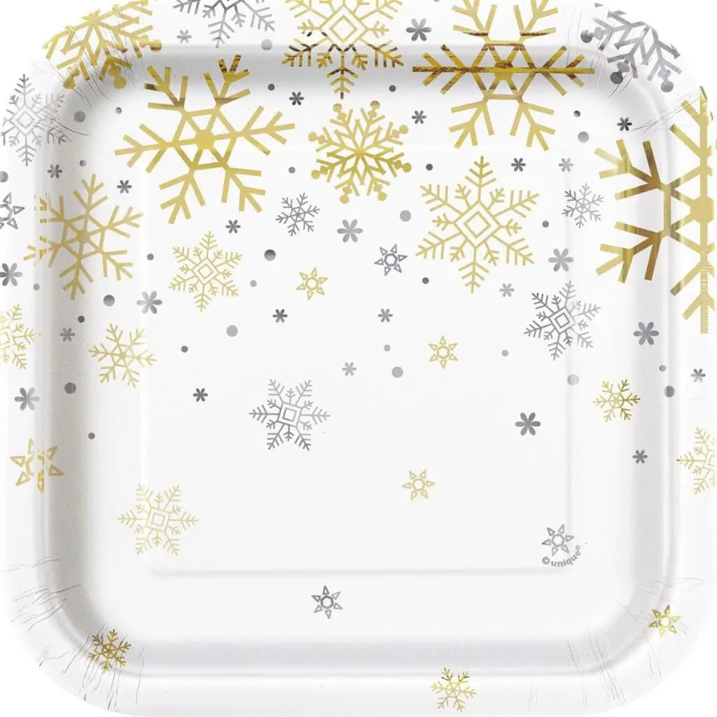 Silver and gold snowflake 18cm square paper plates pack of 8