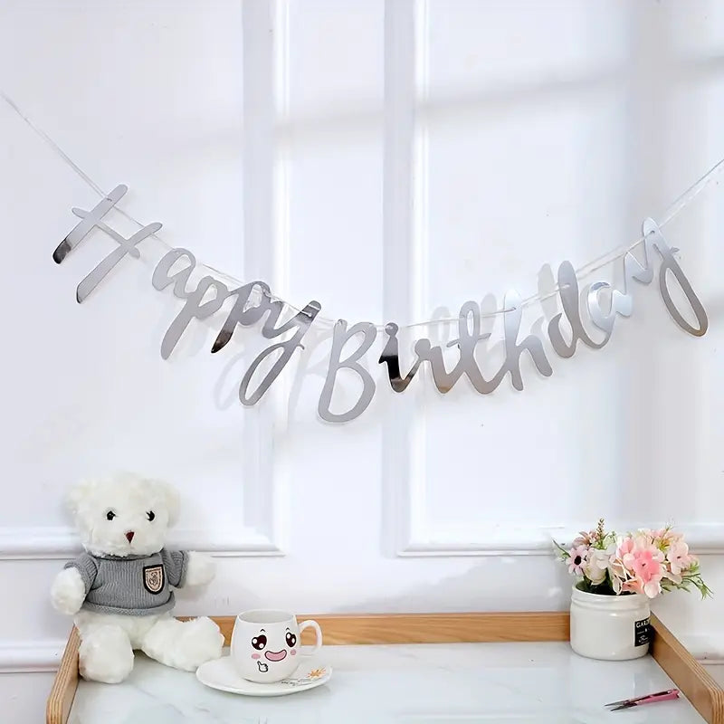 Metallic Silver Foil Happy Birthday Bunting GarlandMetallic Silver Foil Happy Birthday paper banner Bunting Garland