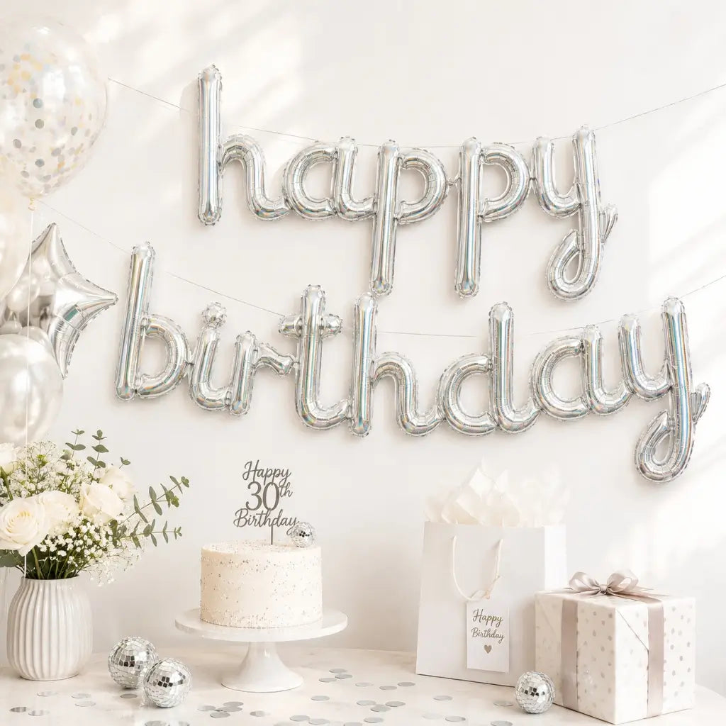 Silver 'happy birthday' Script Foil Balloon Banner