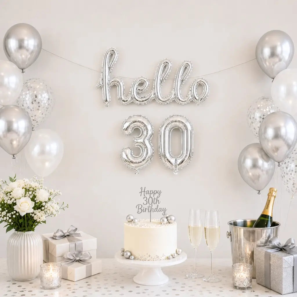 Silver 'hello 30' Birthday Foil Balloon Banner