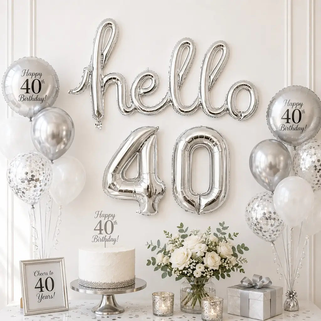 Silver 'hello 40' Script Birthday Foil Balloon Banner