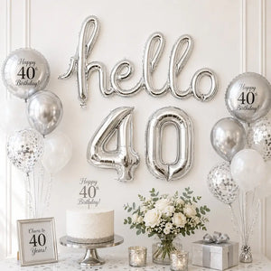 Silver 'hello 40' Script Birthday Foil Balloon Banner