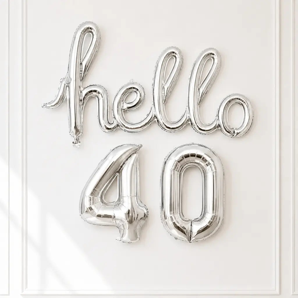 Silver 'hello 40' Script Birthday Foil Balloon Banner