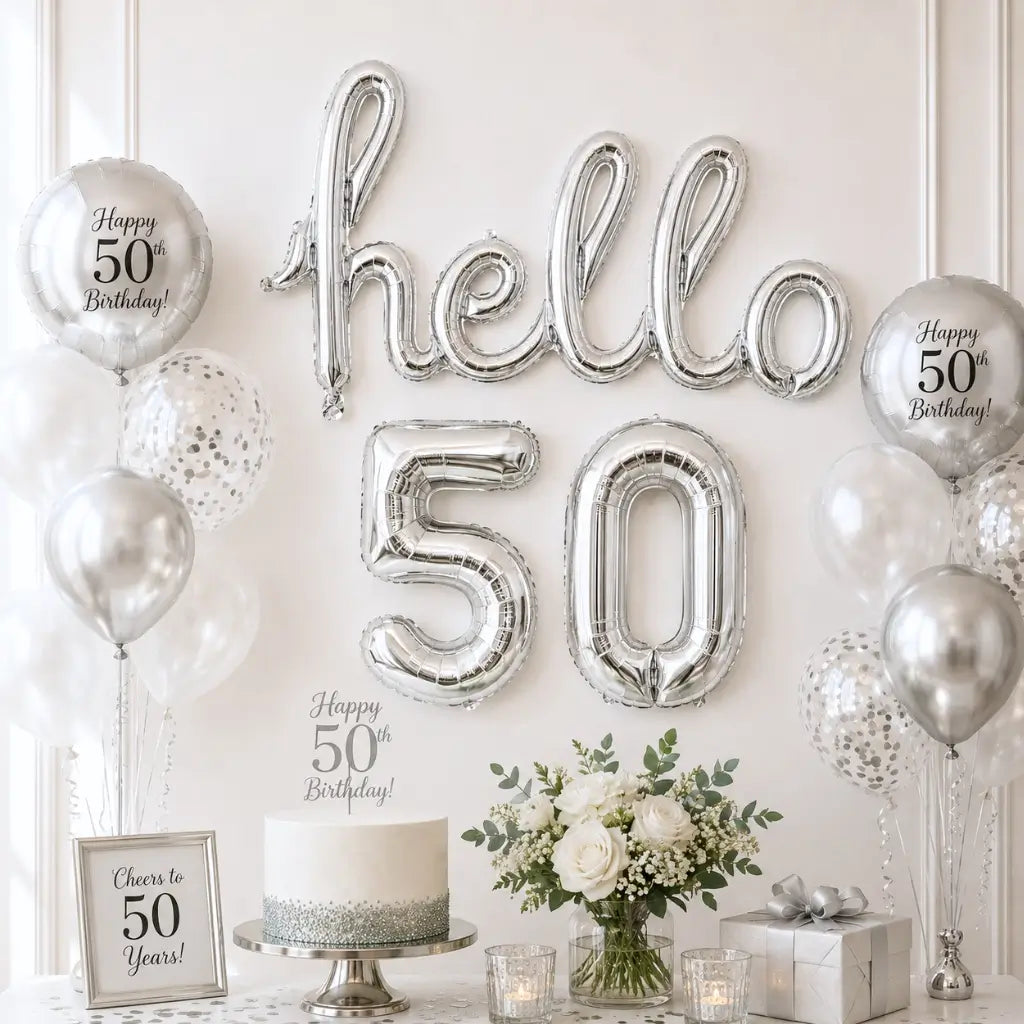 Silver 'hello 50' Birthday Foil Balloon Banner