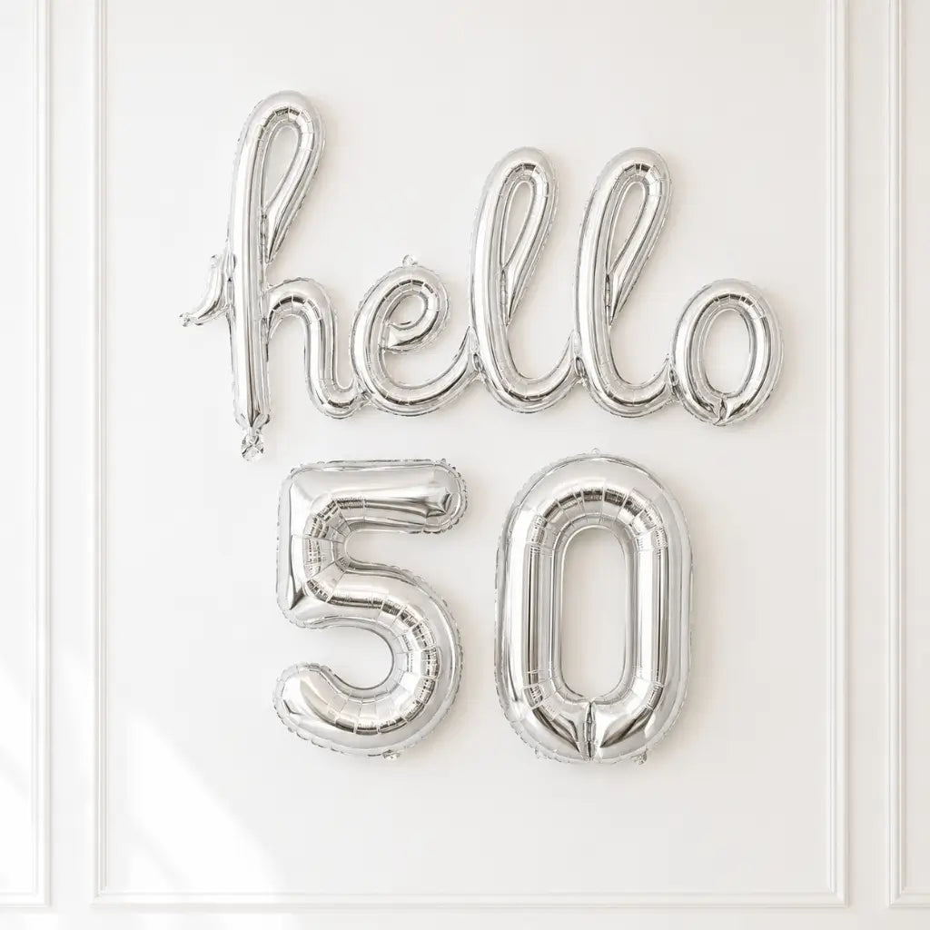 Silver 'hello 50' Birthday Foil Balloon Banner