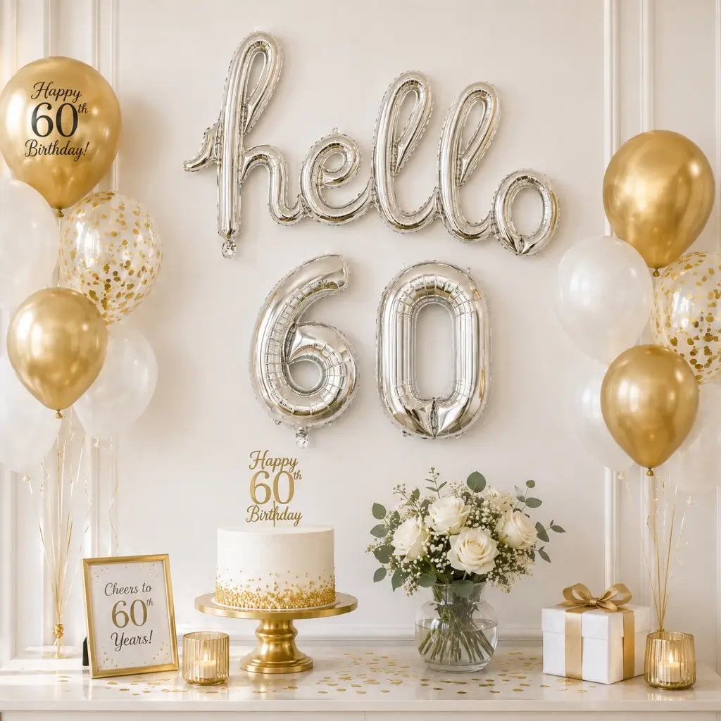 Silver 'hello 60' Birthday Foil Balloon Banner